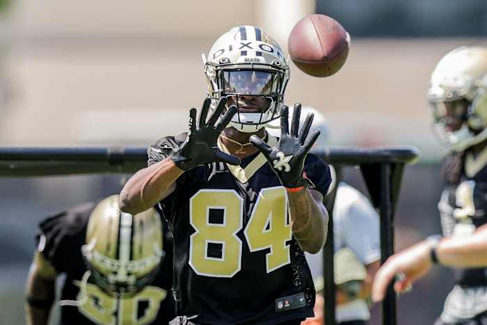 New Orleans WR Dai'Jean Dixon (84) catching receiver drills during organized team activities at the Saints Training Facility. Mandatory Credit: Stephen Lew-USA TODAY